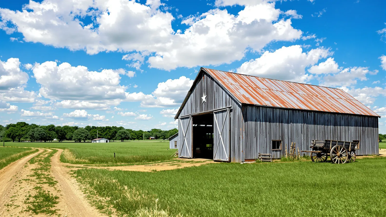 A weathered wooden barn with a rusted metal roof beside a green pasture and a dirt lane under a blue sky with white clouds
