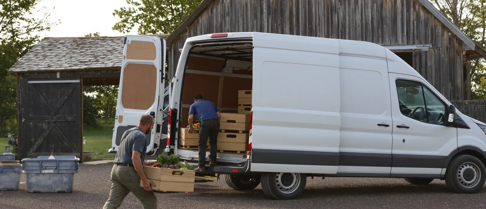 A farmer loading crates of produce into a van at the back of a barn before a delivery run