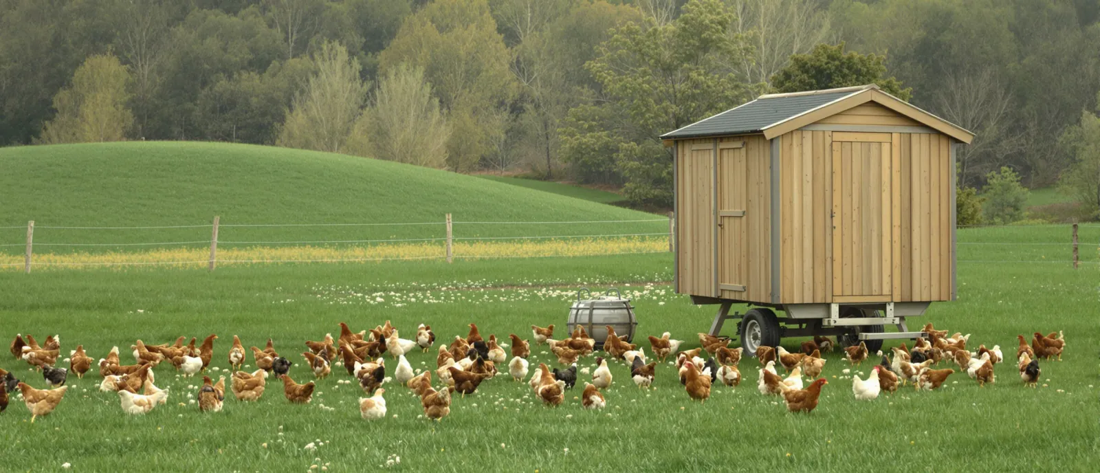 Free-range hens on green pasture beside a mobile wooden coop at a small US farm
