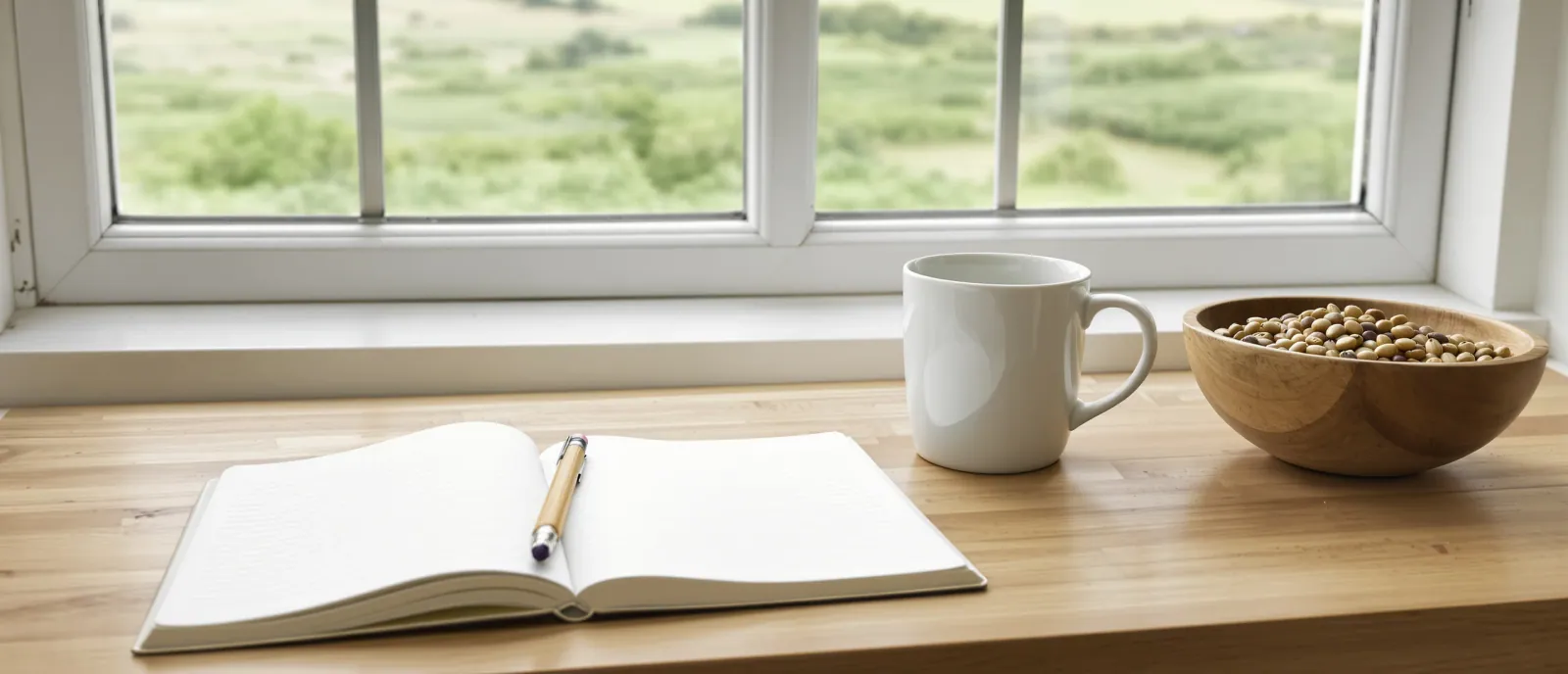 A farm kitchen table with a blank notebook, a pencil and a bowl of dried beans beside a window looking onto fields