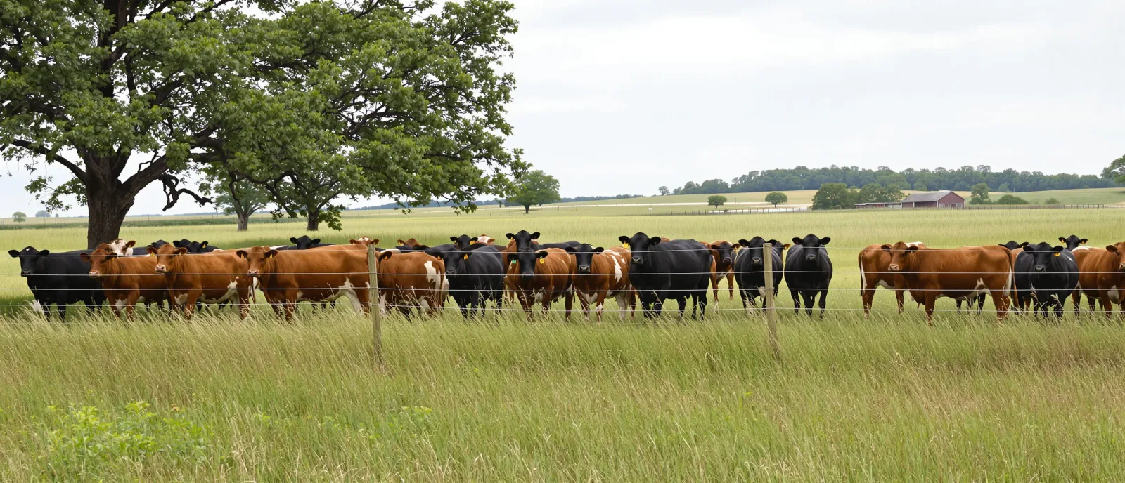 A herd of cattle grazing tall pasture behind a portable electric fence on a Texas ranch