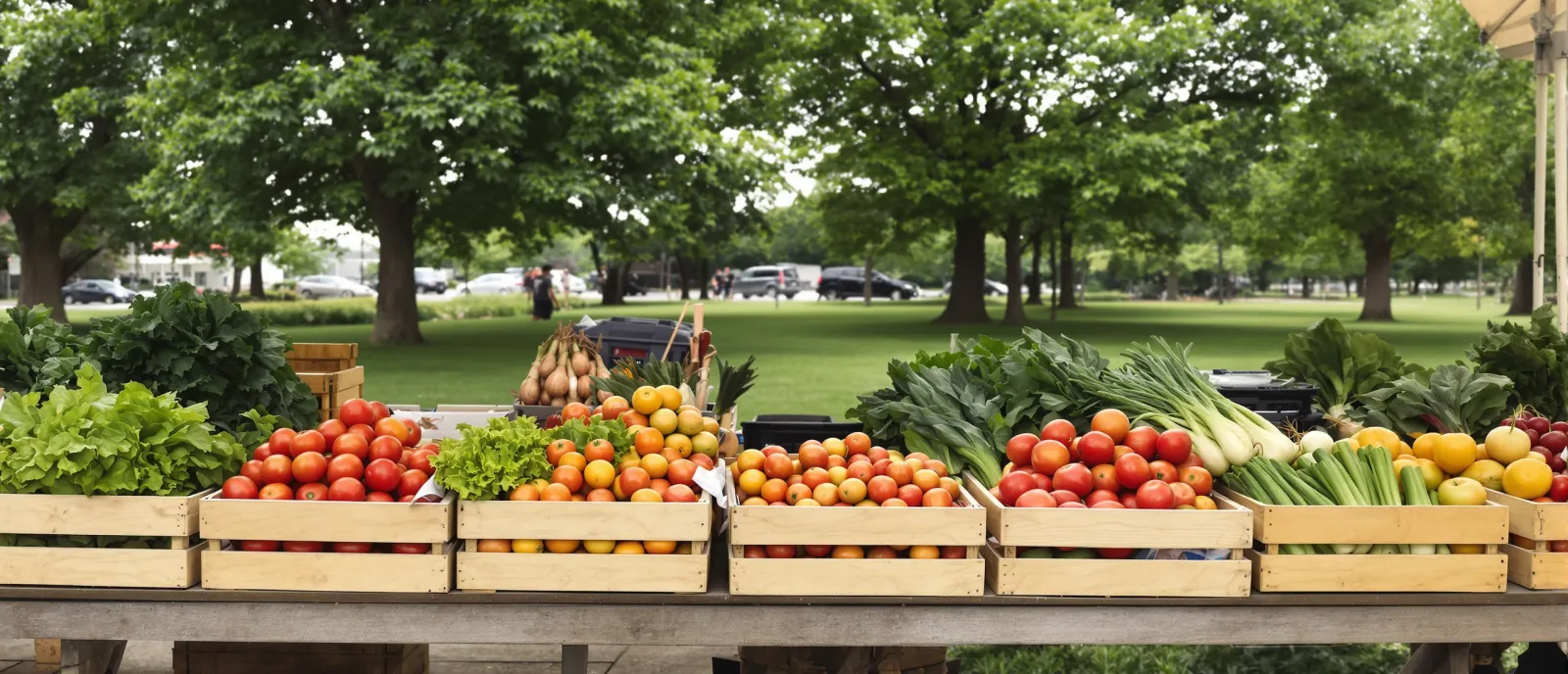 Crates of fresh vegetables on a wooden table at an unattended farmers market stall under a canopy