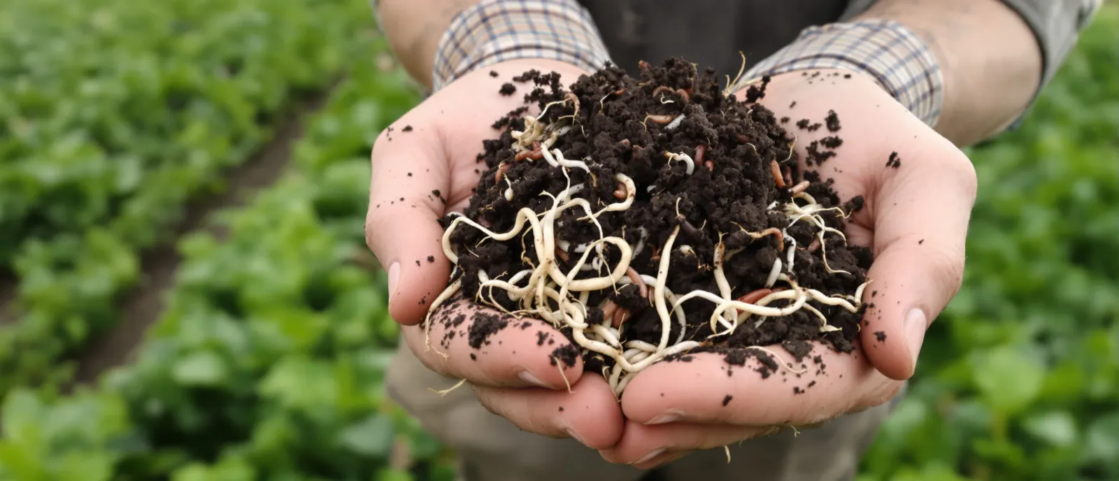 Healthy dark soil held in a farmer's cupped hands above a cover-cropped field