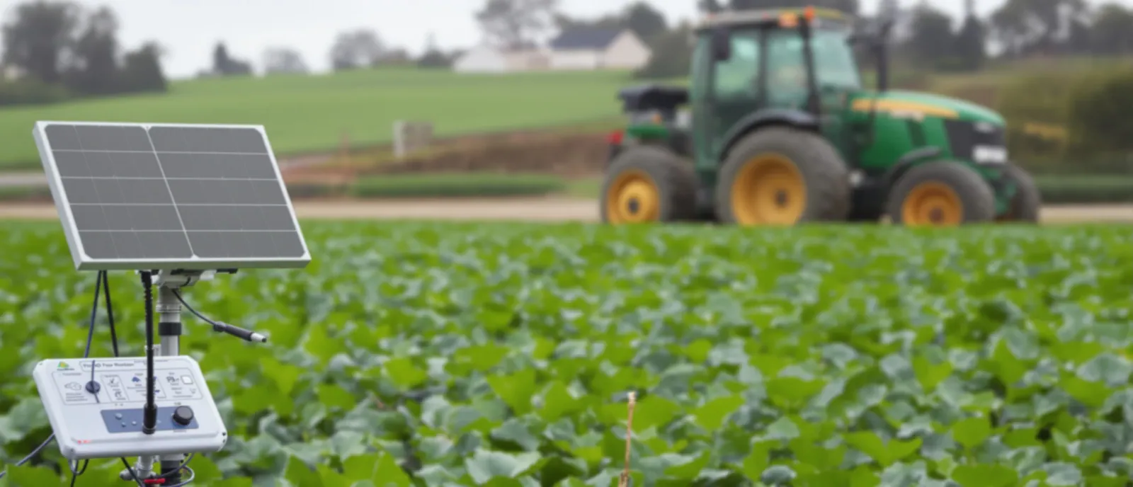 A soil moisture probe and a small weather station standing in a cover-cropped field