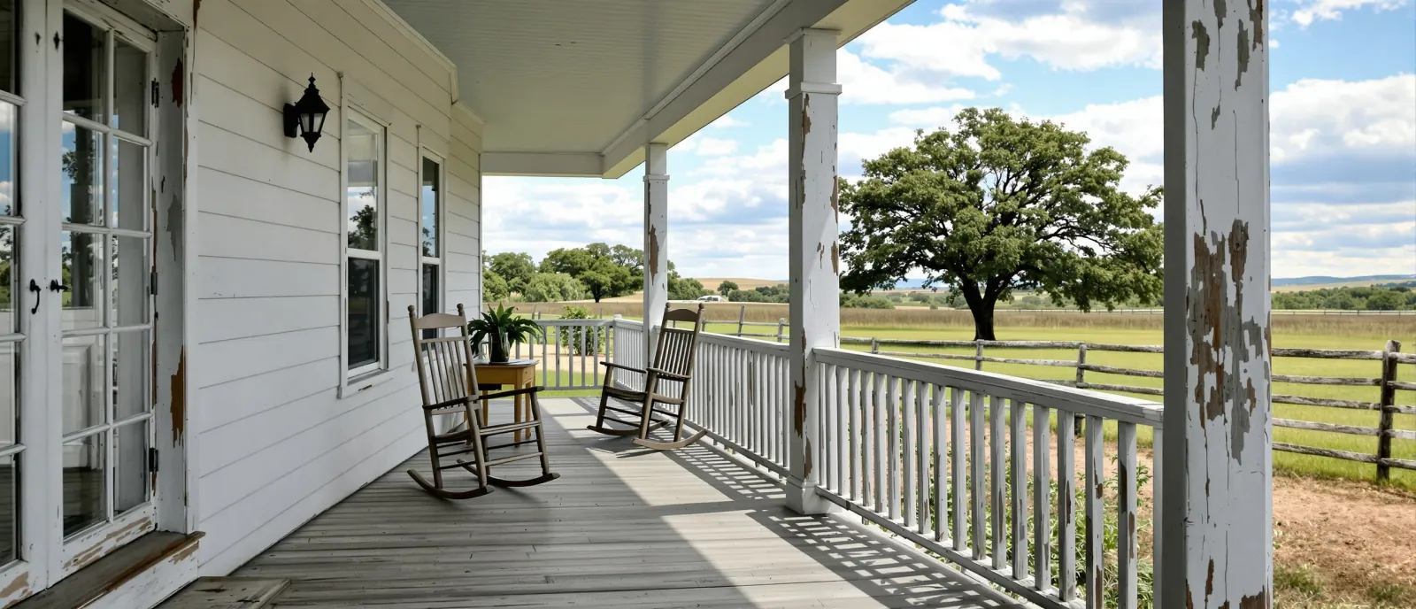 A farmhouse porch with two rocking chairs looking out over a pasture and live oaks in the Texas Hill Country