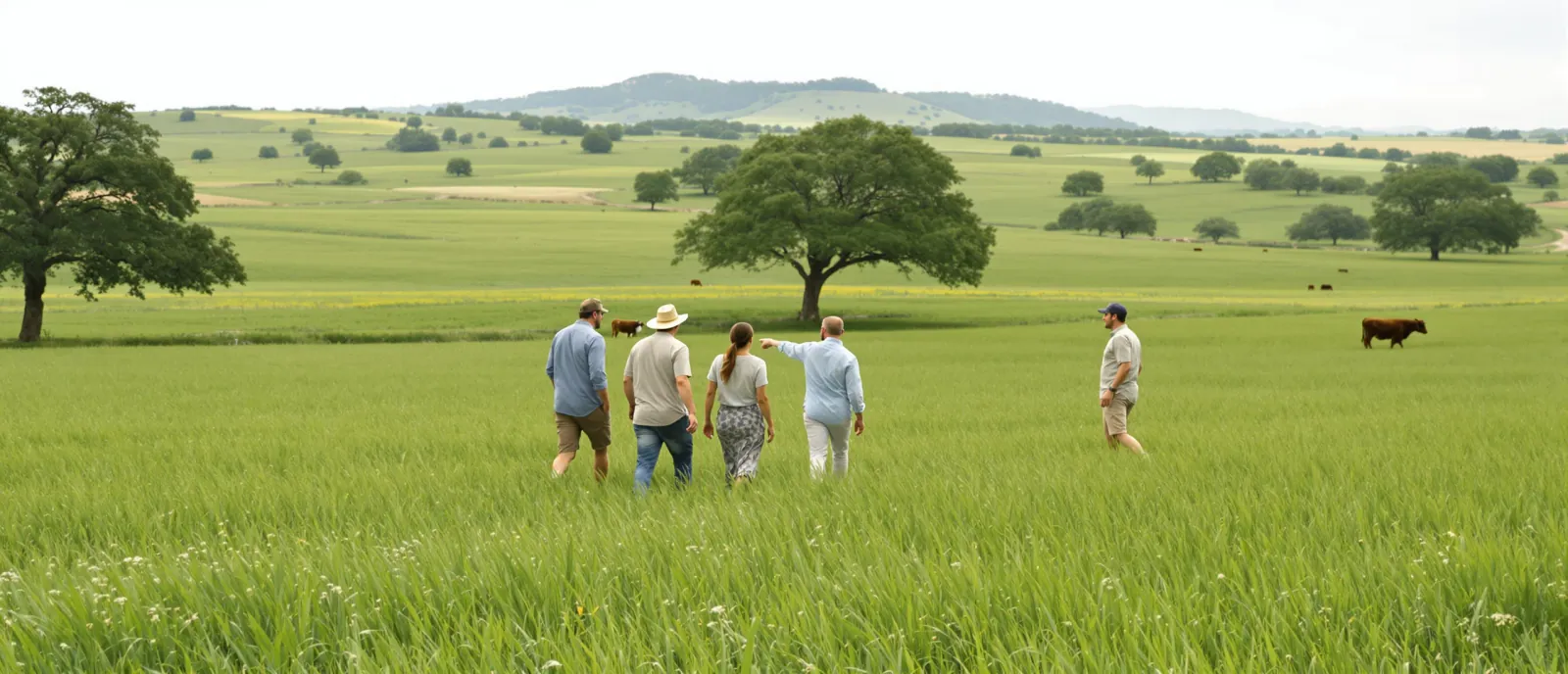 A small group of people seen from behind walking together across a green pasture on a regenerative farm