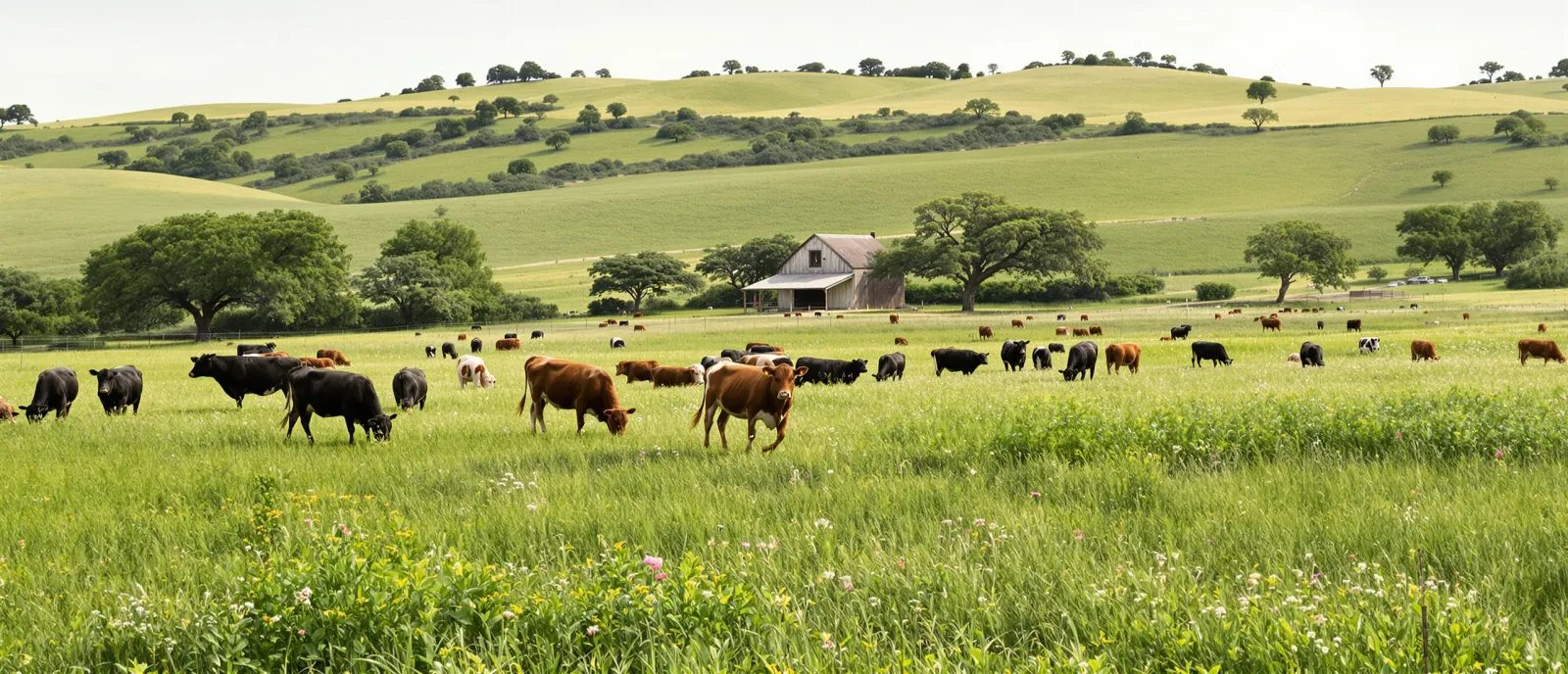 A small herd of beef cattle spread out across belly-high mixed pasture on a regenerative ranch in the Texas Hill Country, a freshly grazed paddock behind them and live oaks on the hills