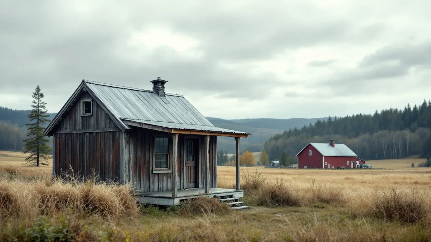A small timber guest cabin with a covered porch stands at the edge of a hay meadow on a Vermont hill farm in early summer, a red barn in the distance.