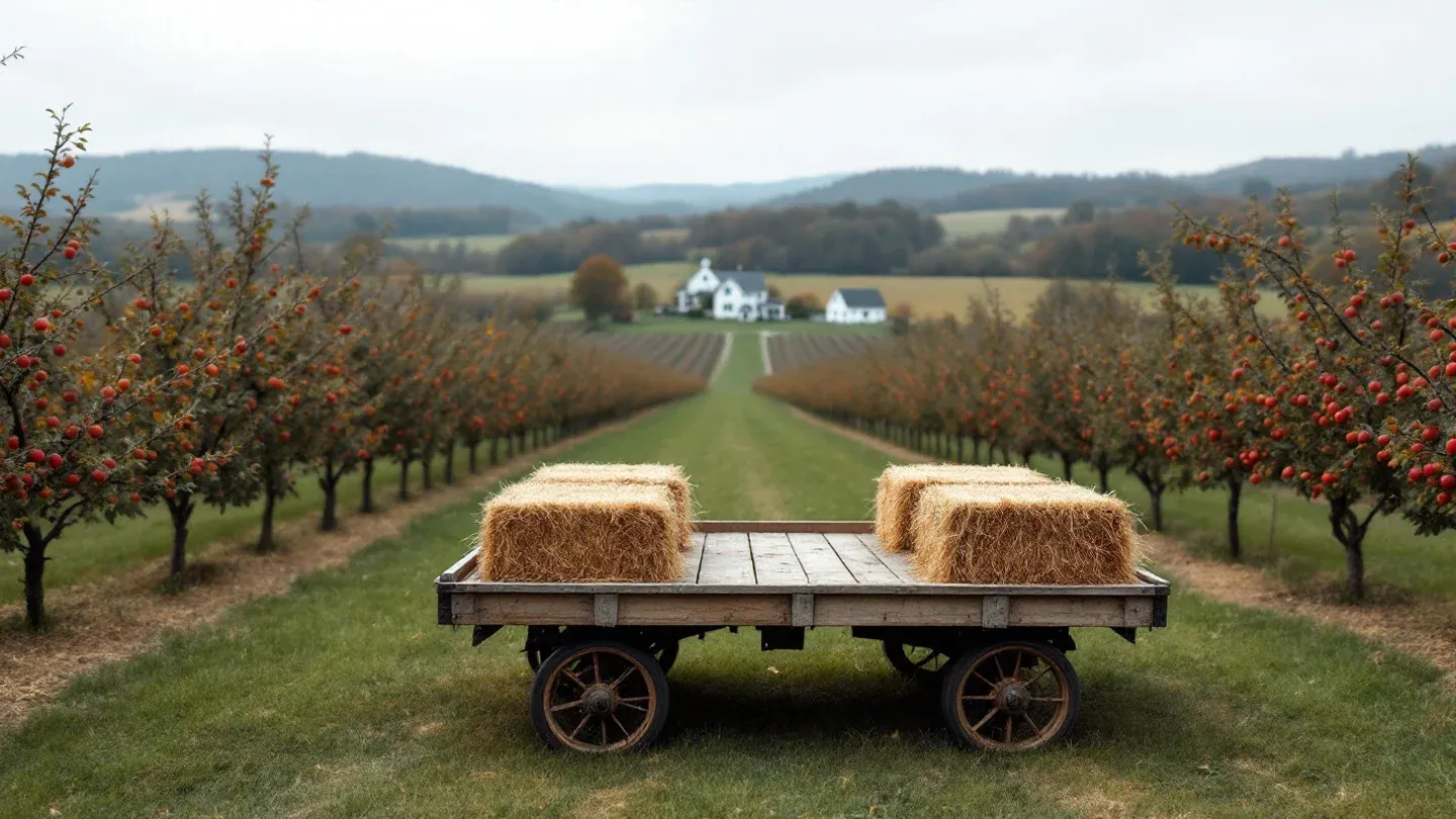 An empty flatbed hay wagon lined with straw bales waits beside an apple orchard in the Hudson Valley in October.