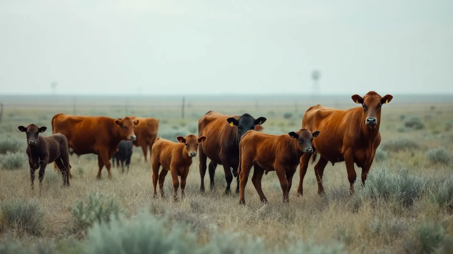 Cow-calf pairs graze sparse unirrigated shortgrass pasture in the Texas Panhandle in late summer under a pale sky.