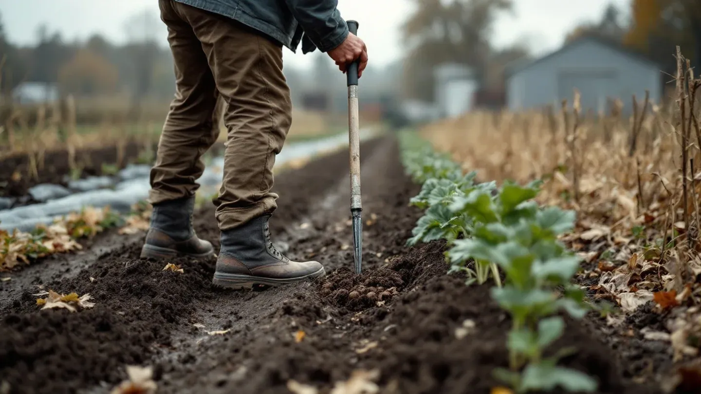 A farmer seen from behind pushes a steel soil probe into a harvested vegetable bed on a central Ohio farm in September.