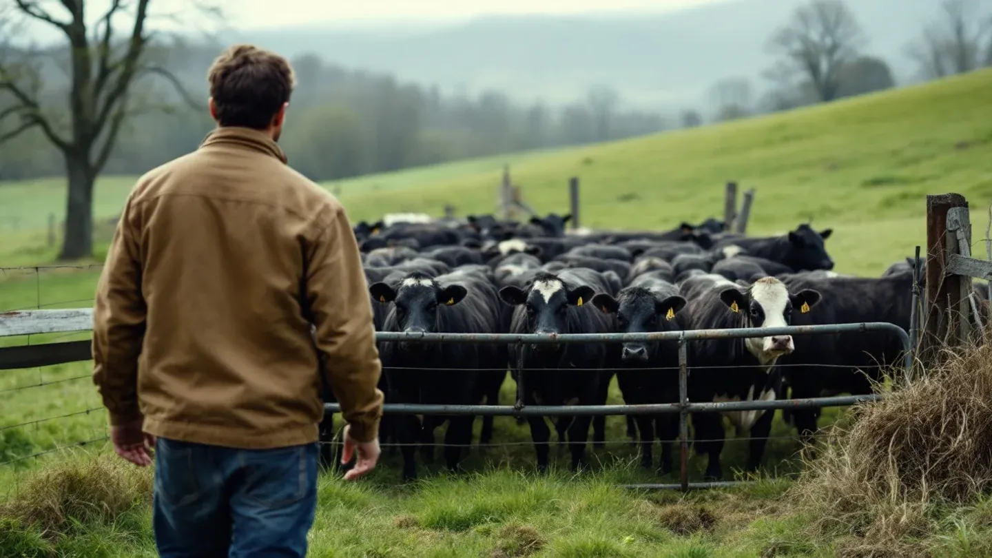 A handler seen from behind walks slowly at the edge of a small herd of black beef cattle moving through an open gate on a Shenandoah Valley pasture in spring.