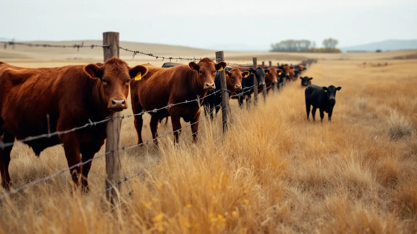 Beef cows and their weaned calves graze on opposite sides of a wire fence between two adjacent pastures in South Dakota in October.
