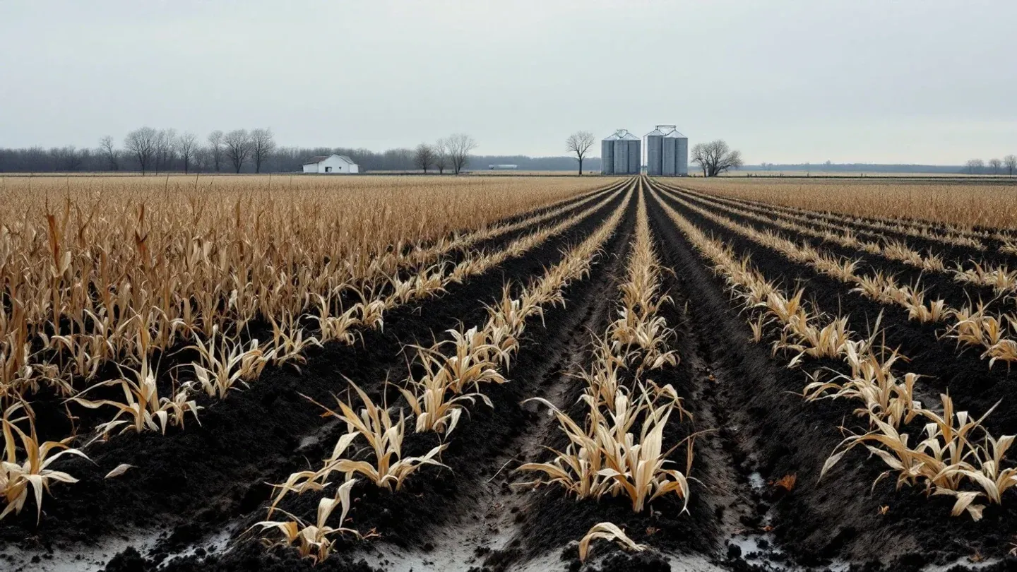 A harvested cornfield of deep dark loam stretches toward a farmstead with a white barn and grain bins in central Iowa in late October.
