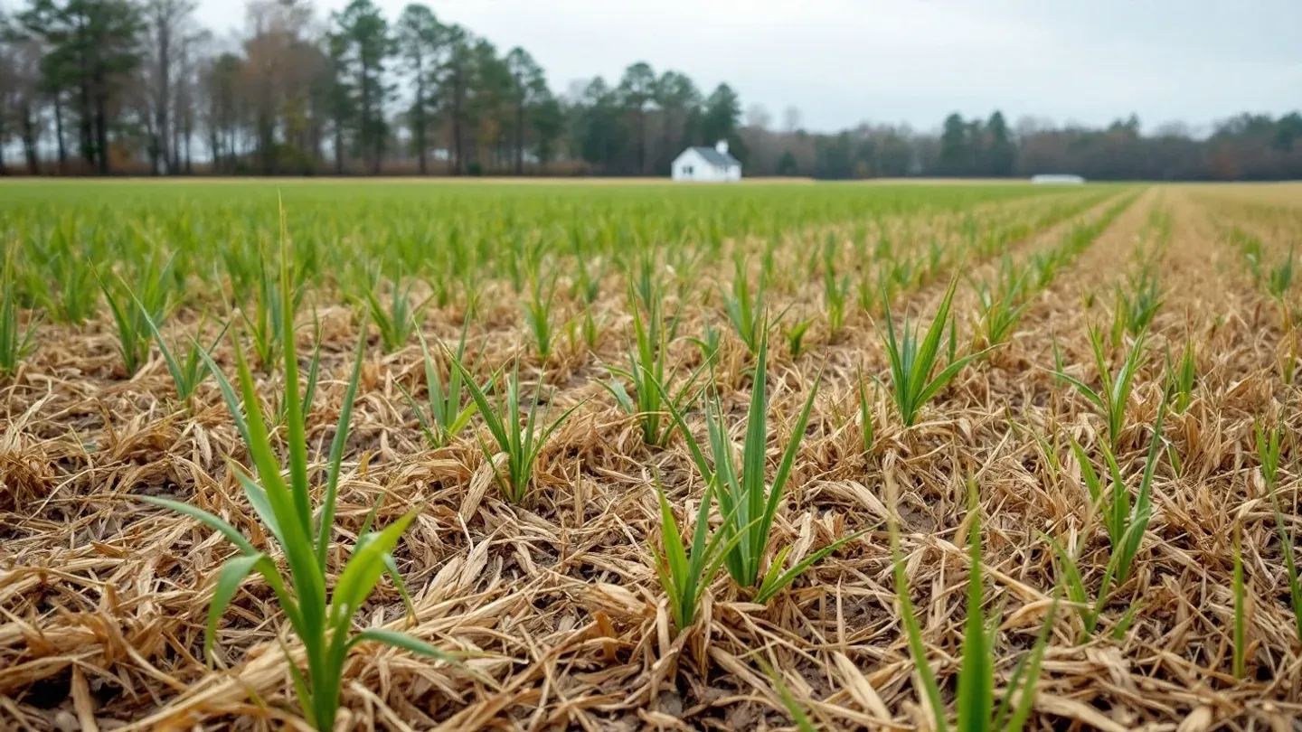 A young cereal rye and crimson clover cover crop emerges between soybean stubble on a flat Maryland Eastern Shore field in November.