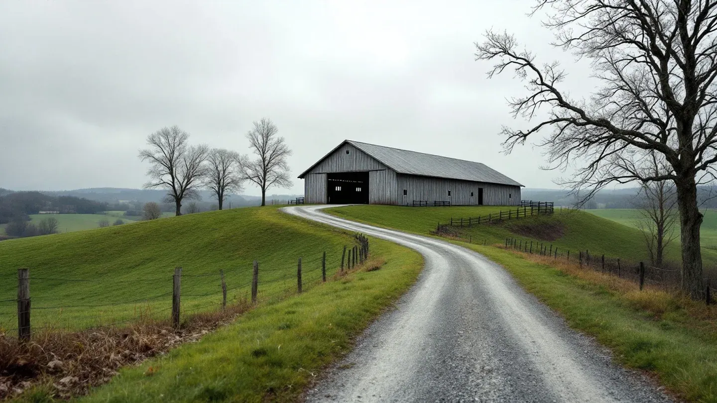 A long gray cattle barn sits on a grassy summit above rolling pasture in central Kentucky in late spring, with a gravel lane leading up to it.