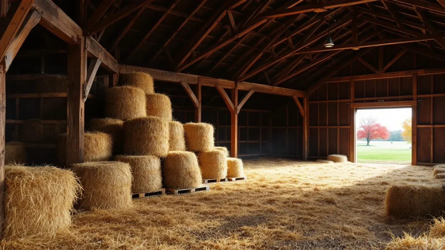 Large round hay bales stand stacked three high on wooden pallets inside an open hay bay of a post-frame barn in southern Wisconsin in autumn.