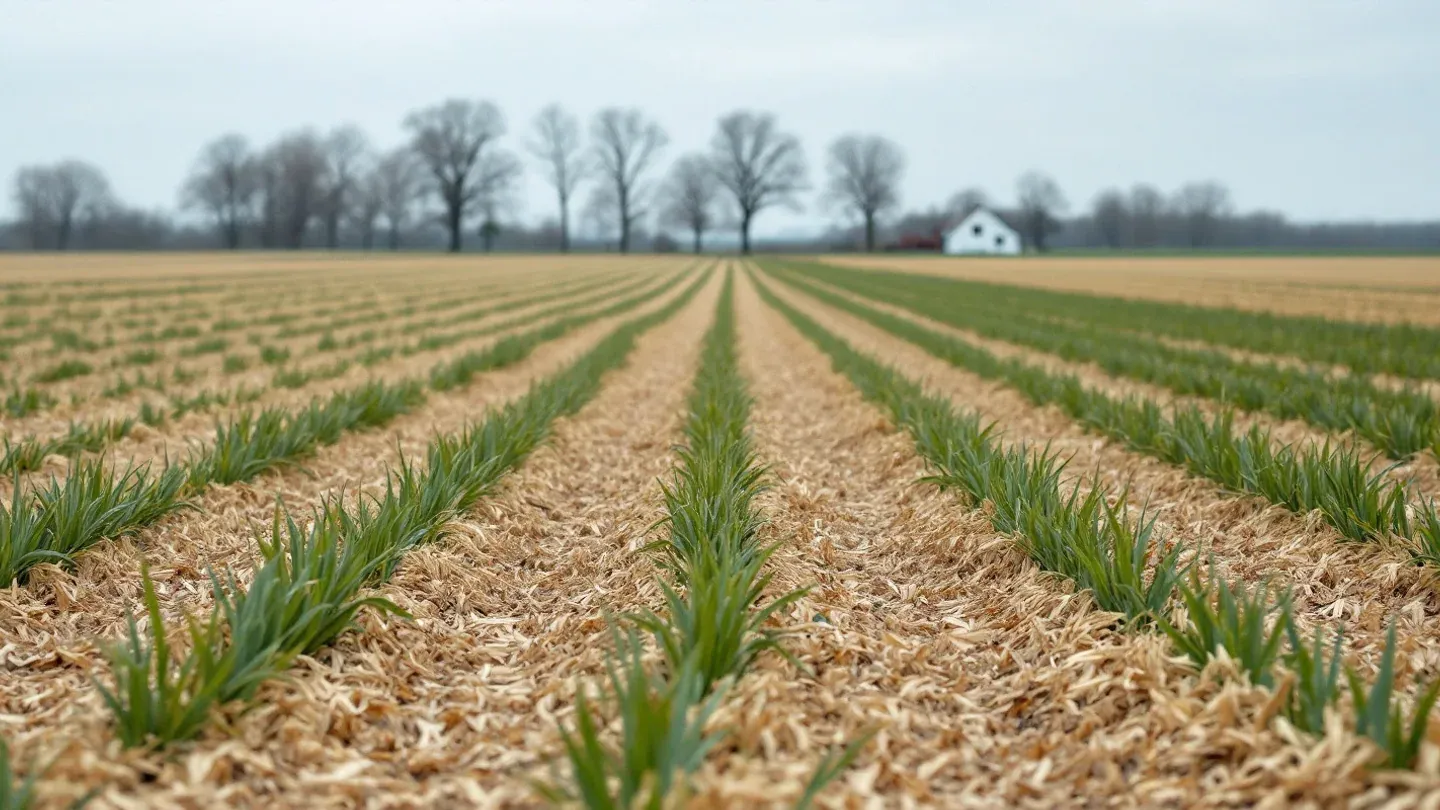 A green cereal rye cover crop grows up through last year's soybean residue on a no-till field in central Illinois in early April.