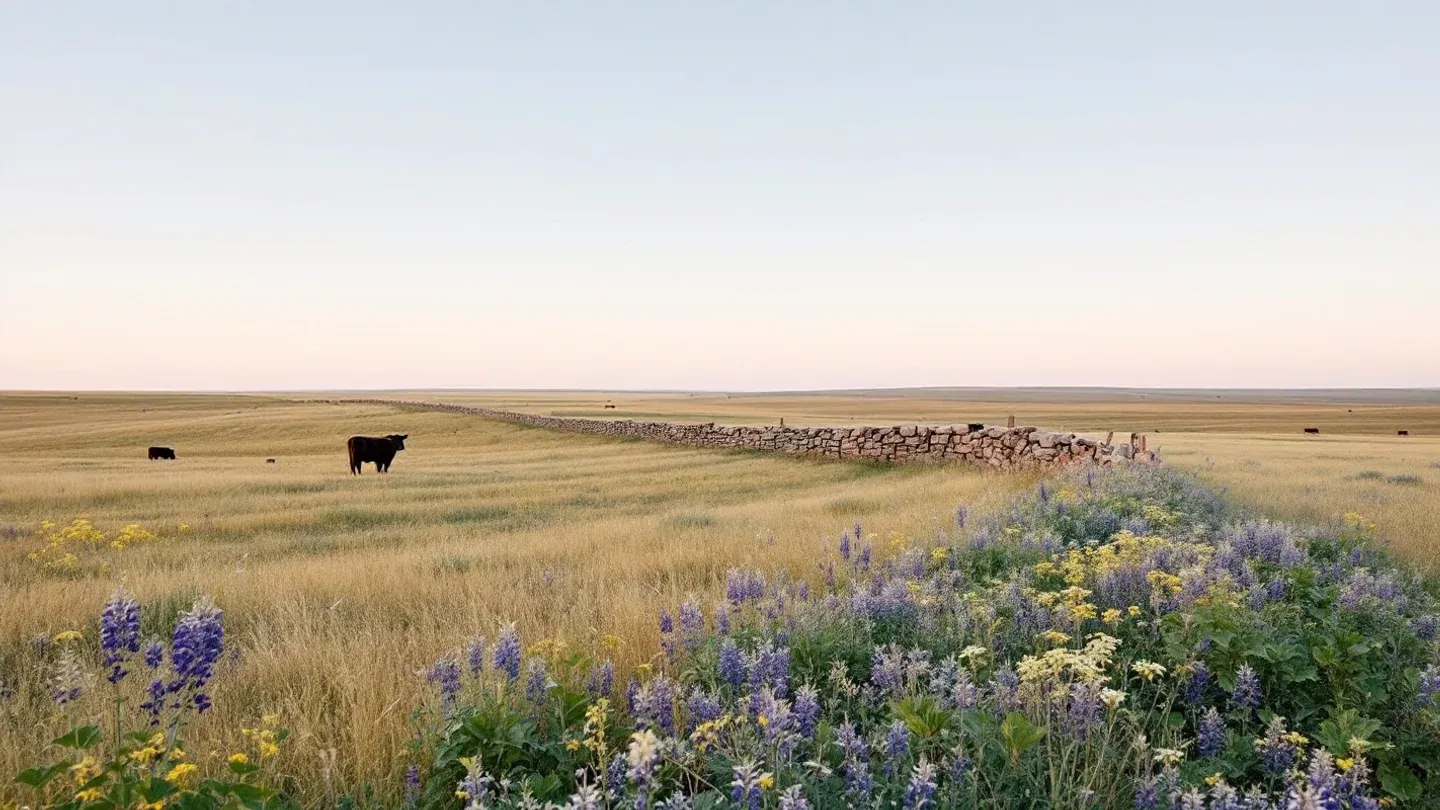 Unplowed tallgrass prairie rolls across the Flint Hills of Kansas in June, with a limestone fence line running over a ridge.