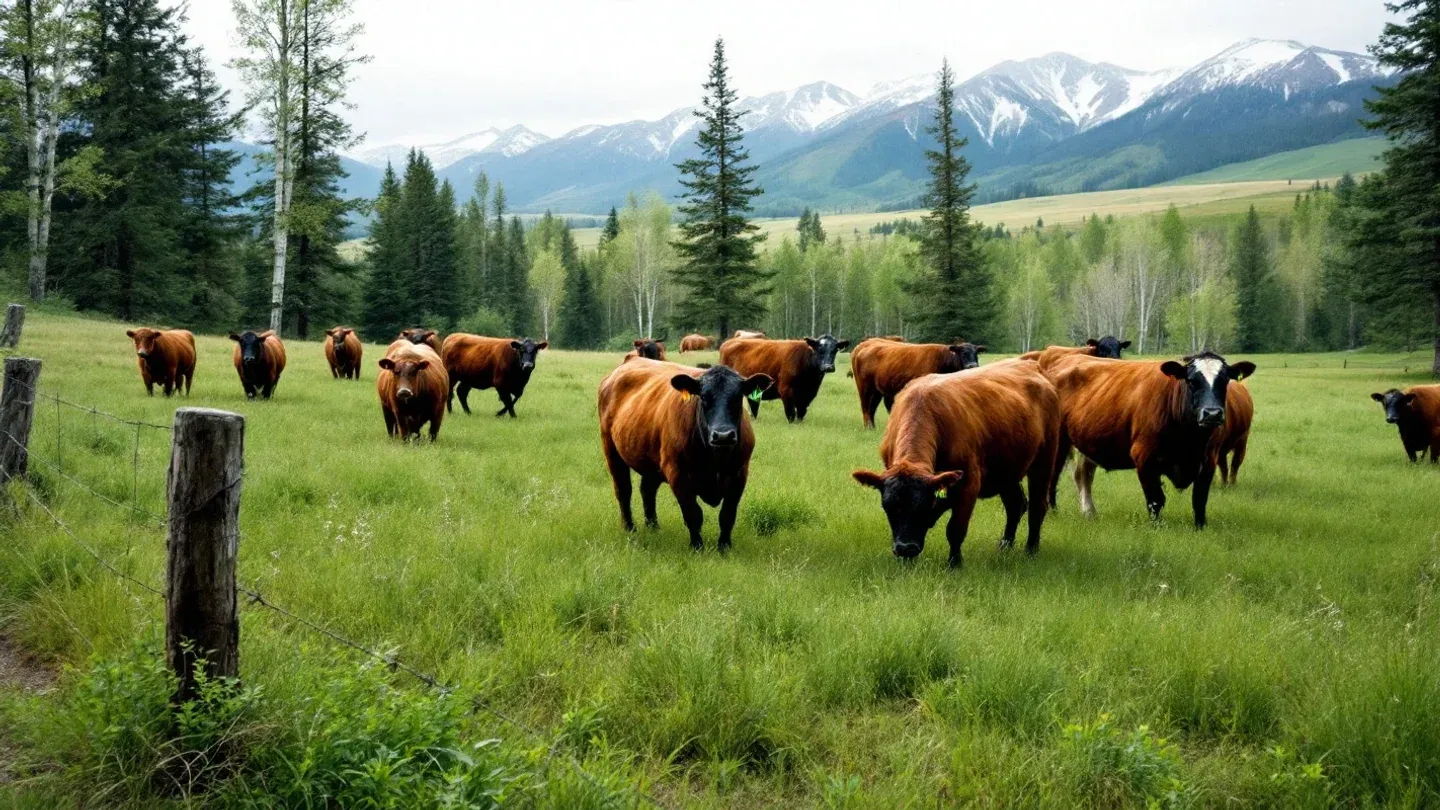 Grass-finished beef cattle graze a green foothill pasture below the mountains on a Montana ranch in early summer.