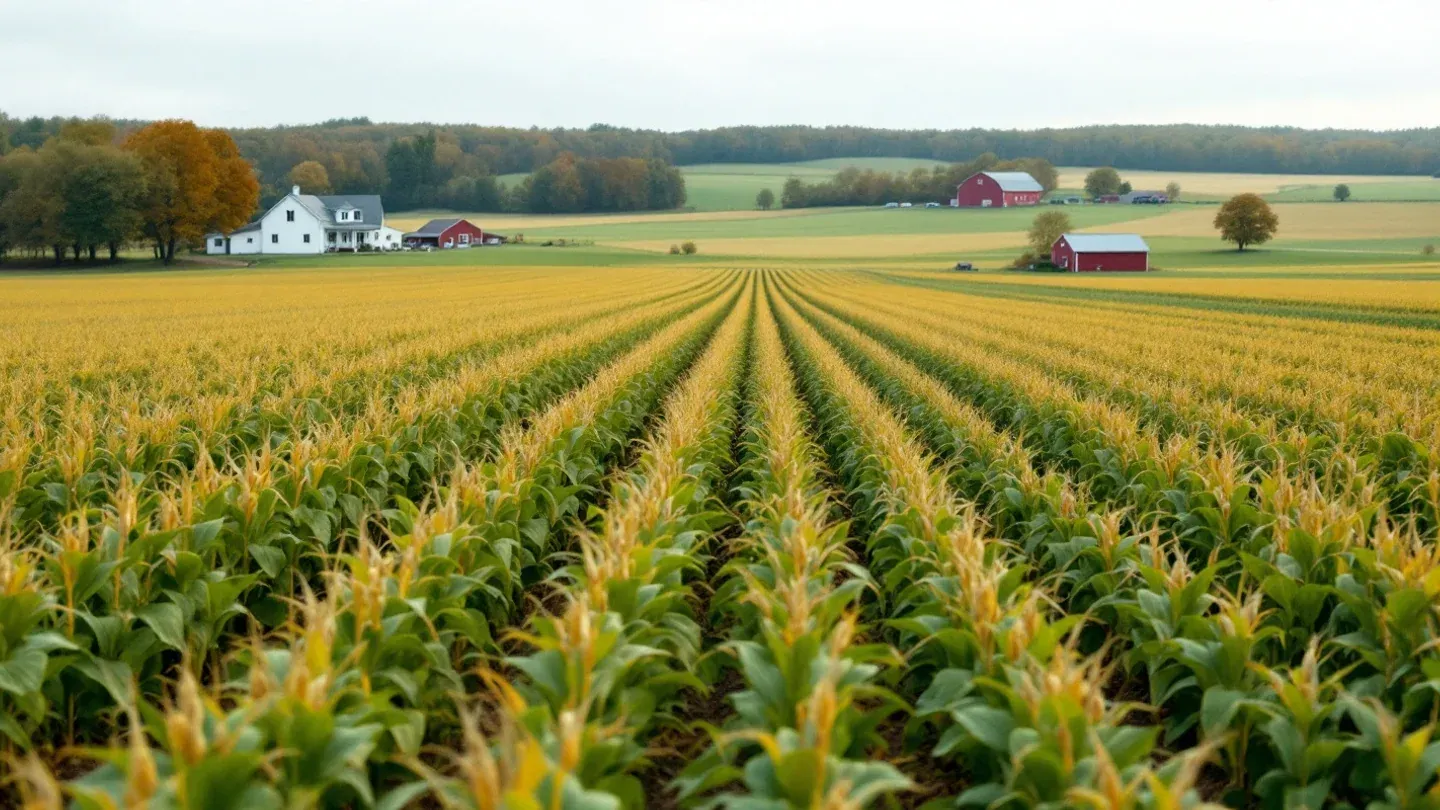 A soybean field turning gold stretches toward a white farmhouse and red barn in northwest Ohio in September.