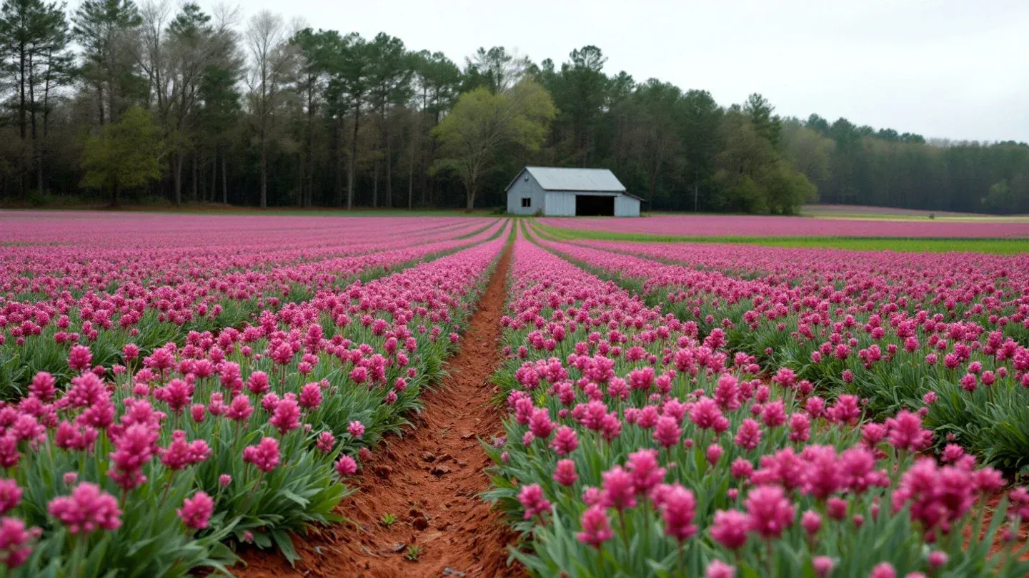 A crimson clover cover crop in full red bloom covers a field on the North Carolina Piedmont in late April, with a pine woodlot behind.