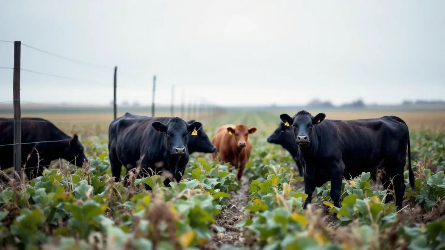 Beef cows graze a green turnip and radish cover crop between corn stalks on an eastern Nebraska field in November.