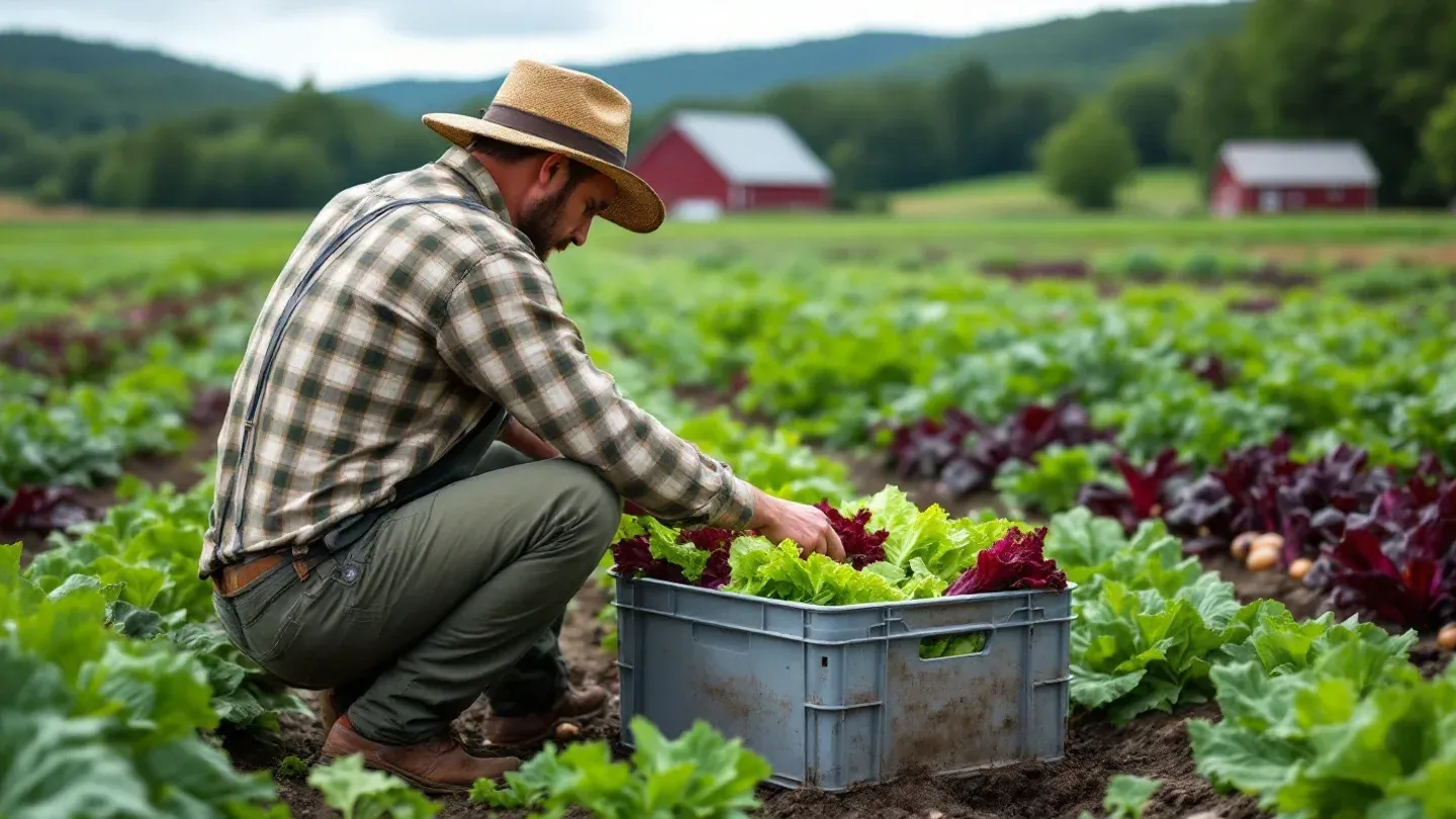 A farmer seen from behind cuts lettuce into a harvest crate between rows of mixed vegetables in a CSA field in Vermont in July.