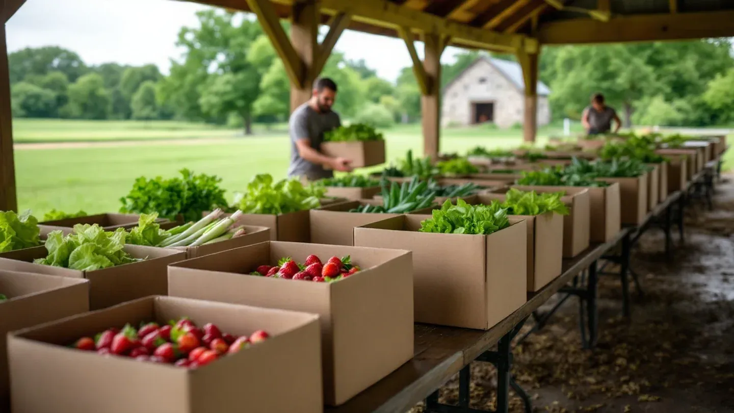 Plain waxed cardboard produce boxes filled with vegetables wait on folding tables under an open-sided timber pavilion at a Pennsylvania farm pickup site in June.