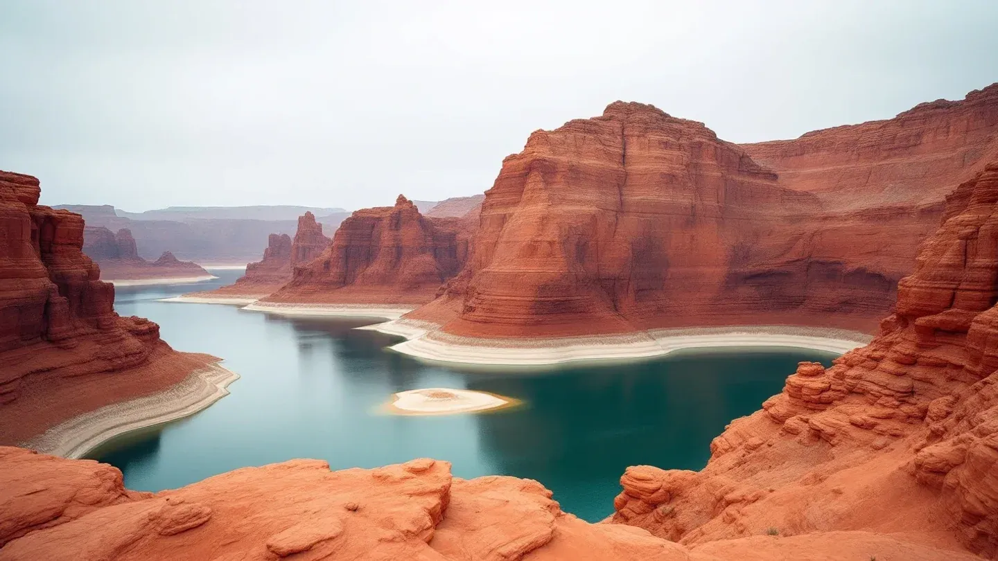 Red sandstone canyon walls above Lake Powell show a broad pale mineral band left by higher water, seen in spring under a flat sky.