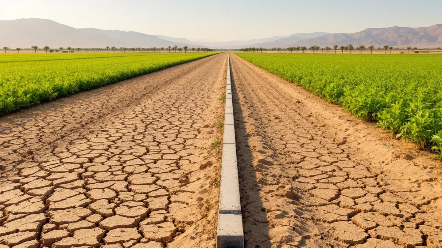 A dry fallowed field of bare cracked soil lies beside a green irrigated alfalfa field and a concrete-lined canal in California's Imperial Valley in late spring.