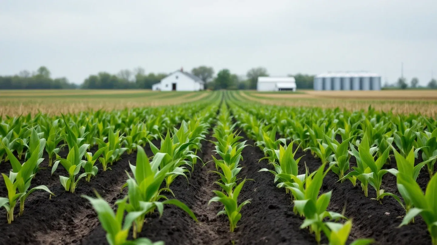 Young corn plants emerge in long straight rows across a flat central Illinois field in late May, with a farmstead and grain bins far behind.