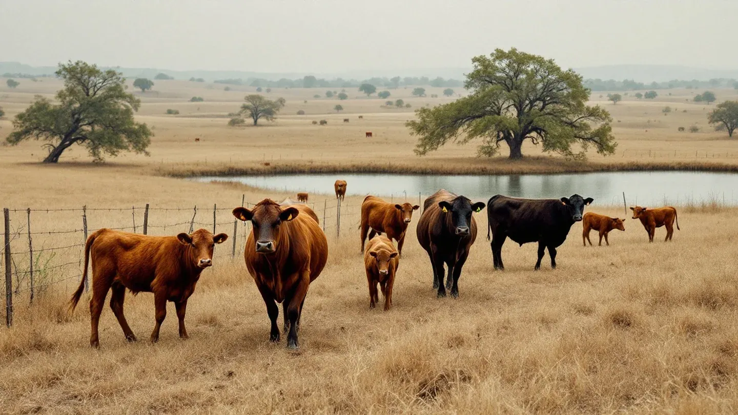 A small herd of beef cows and calves grazes a dry late-summer pasture in the rolling hills of northeastern Oklahoma.