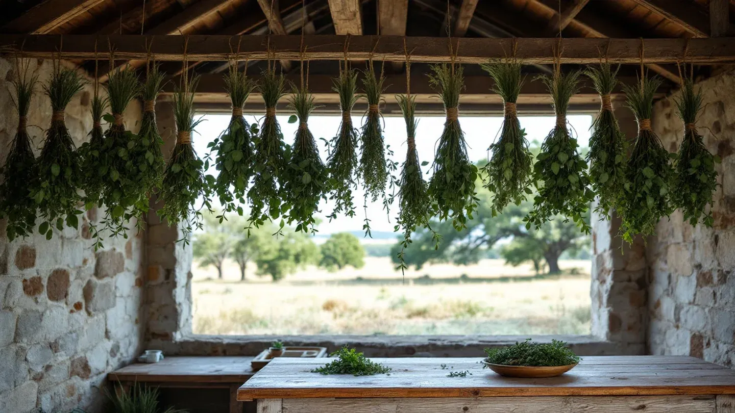 Bundles of basil, oregano and thyme hang drying from the rafters of an open stone farm shed in the Texas Hill Country in summer.