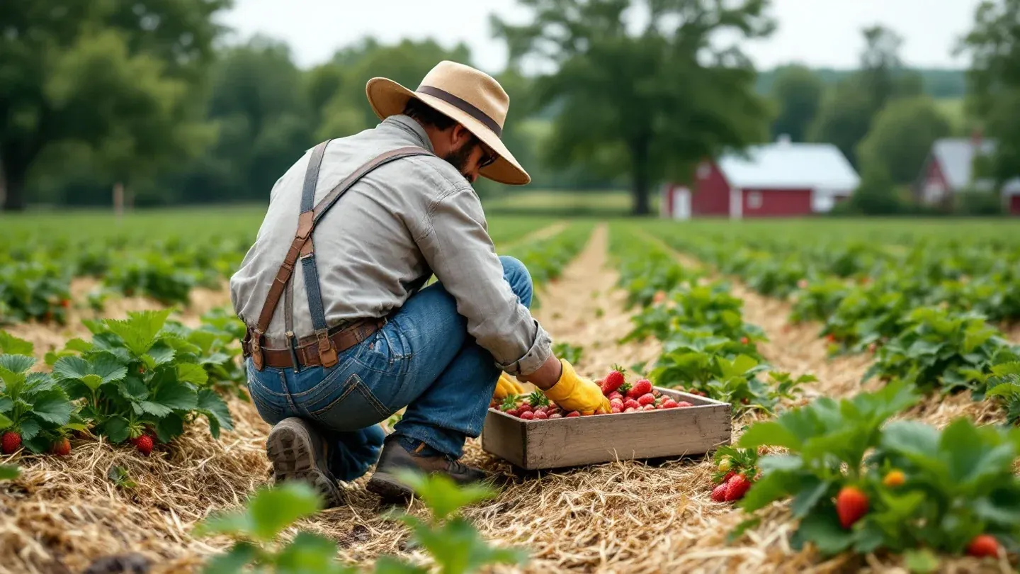 A grower seen from behind picks ripe strawberries into a shallow flat on a small farm in southeastern Minnesota in late June.