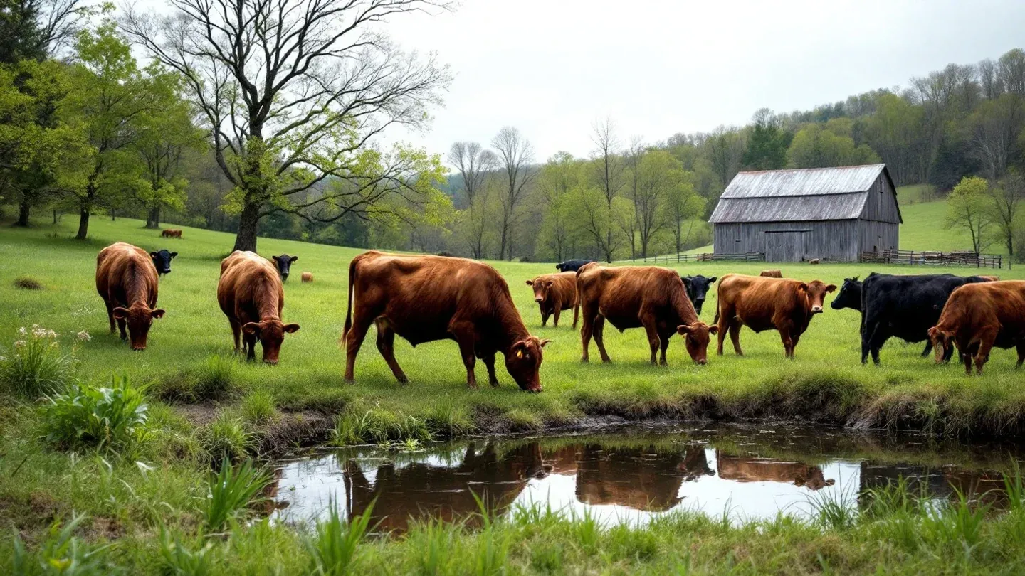 Grass-fed beef cows graze a lush spring pasture around a farm pond among wooded hills in the Missouri Ozarks.