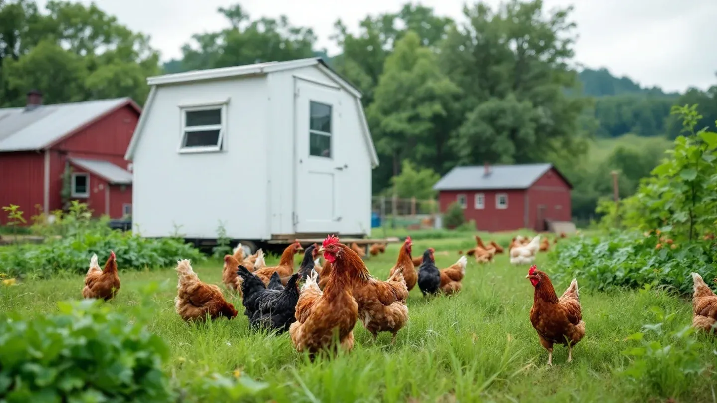 Laying hens forage around a mobile coop on pasture beside mixed vegetable beds on a small farm in southwestern Wisconsin in early summer.