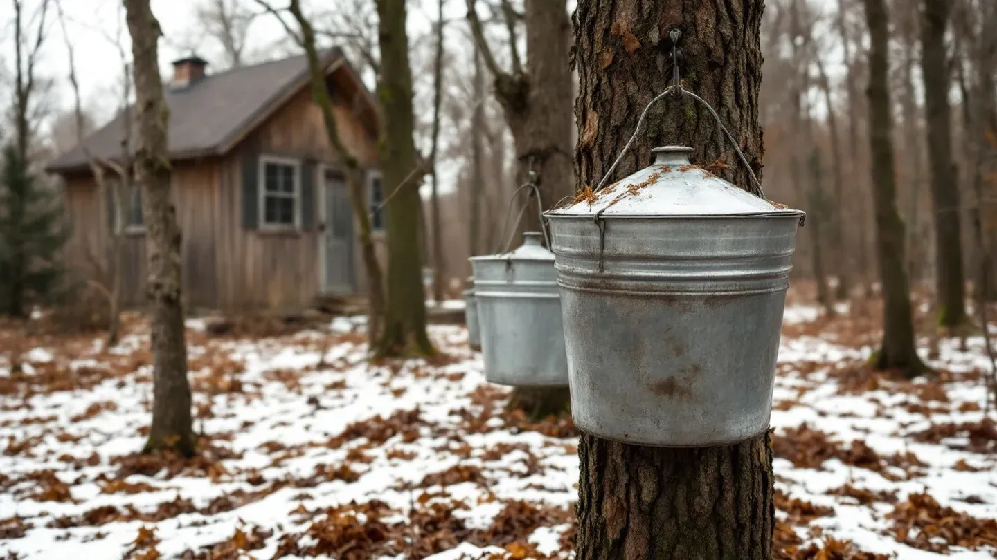 Galvanized sap buckets hang from the trunks of sugar maples in a snowy Vermont sugarbush in March.