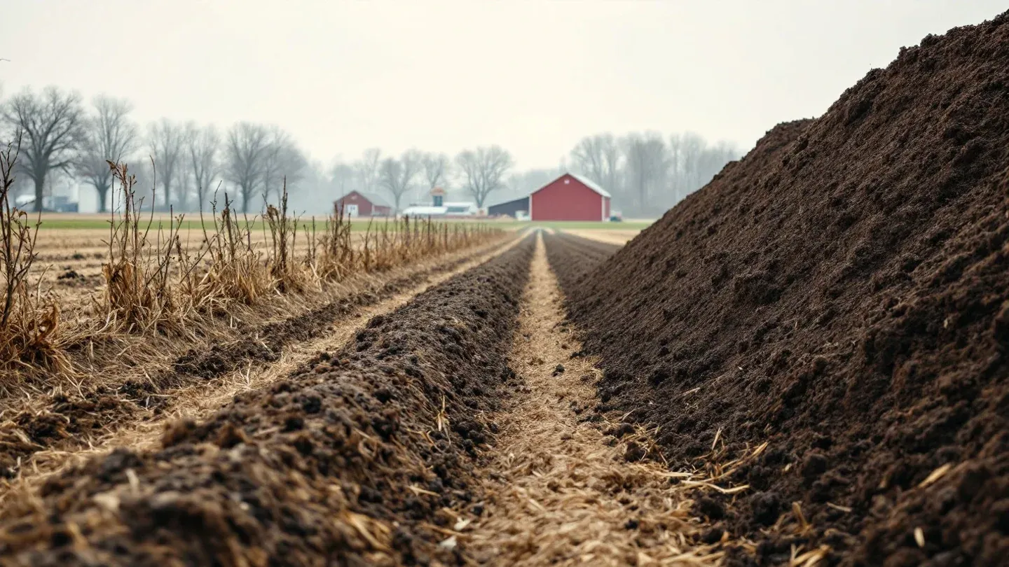 A long windrow of dark aged dairy manure compost sits at the edge of a bare spring field on a southeastern Wisconsin dairy farm in April.