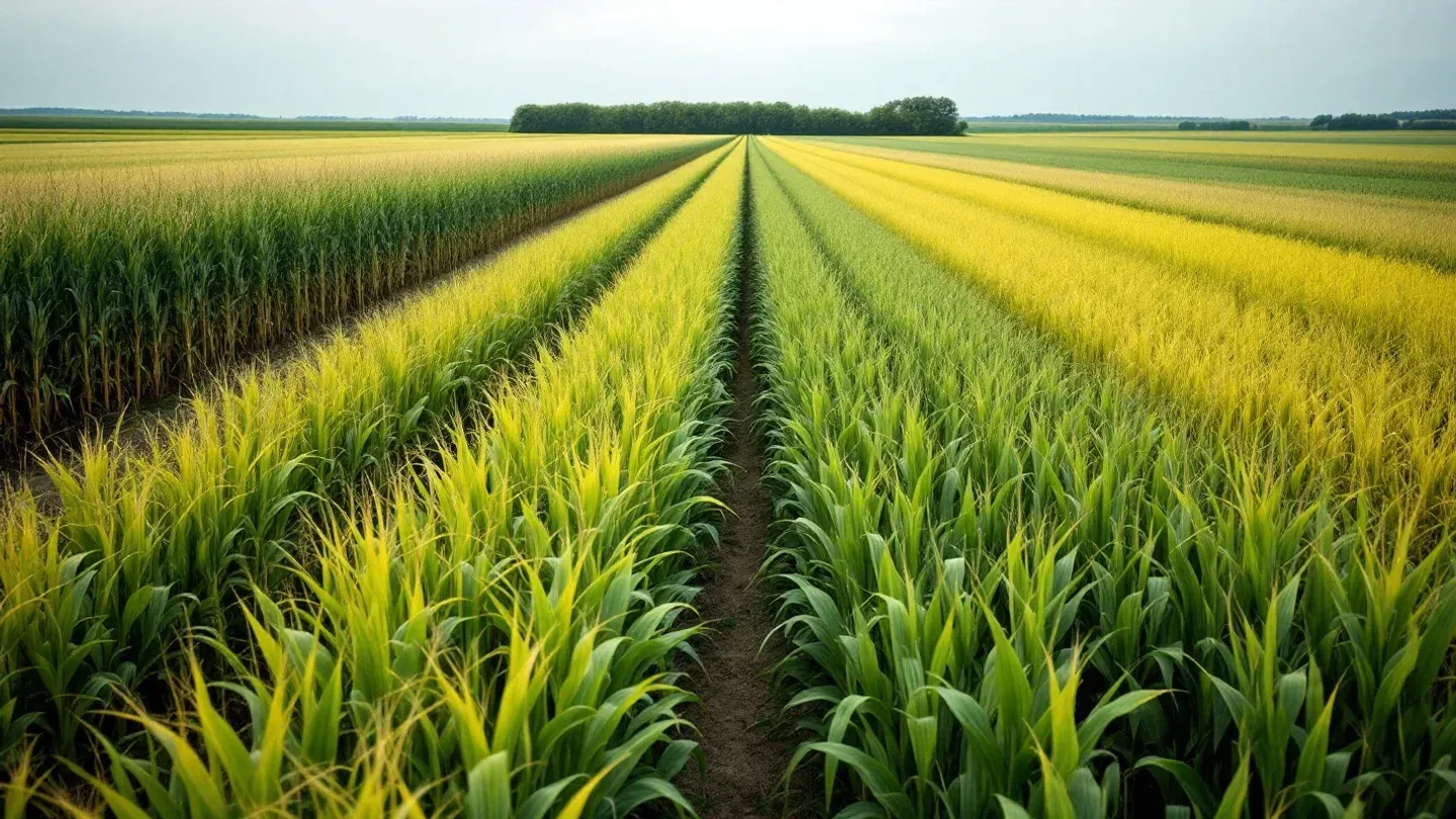 Side-by-side strips of corn in slightly different shades of green run across a central Iowa field in mid July, showing an on-farm nitrogen rate trial.