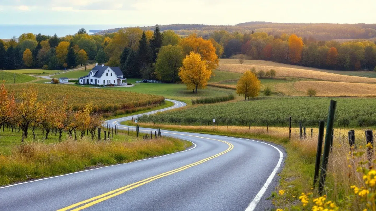 A quiet two-lane country road curves past orchards and a white farmhouse in the rolling hills of northern Michigan in early September.