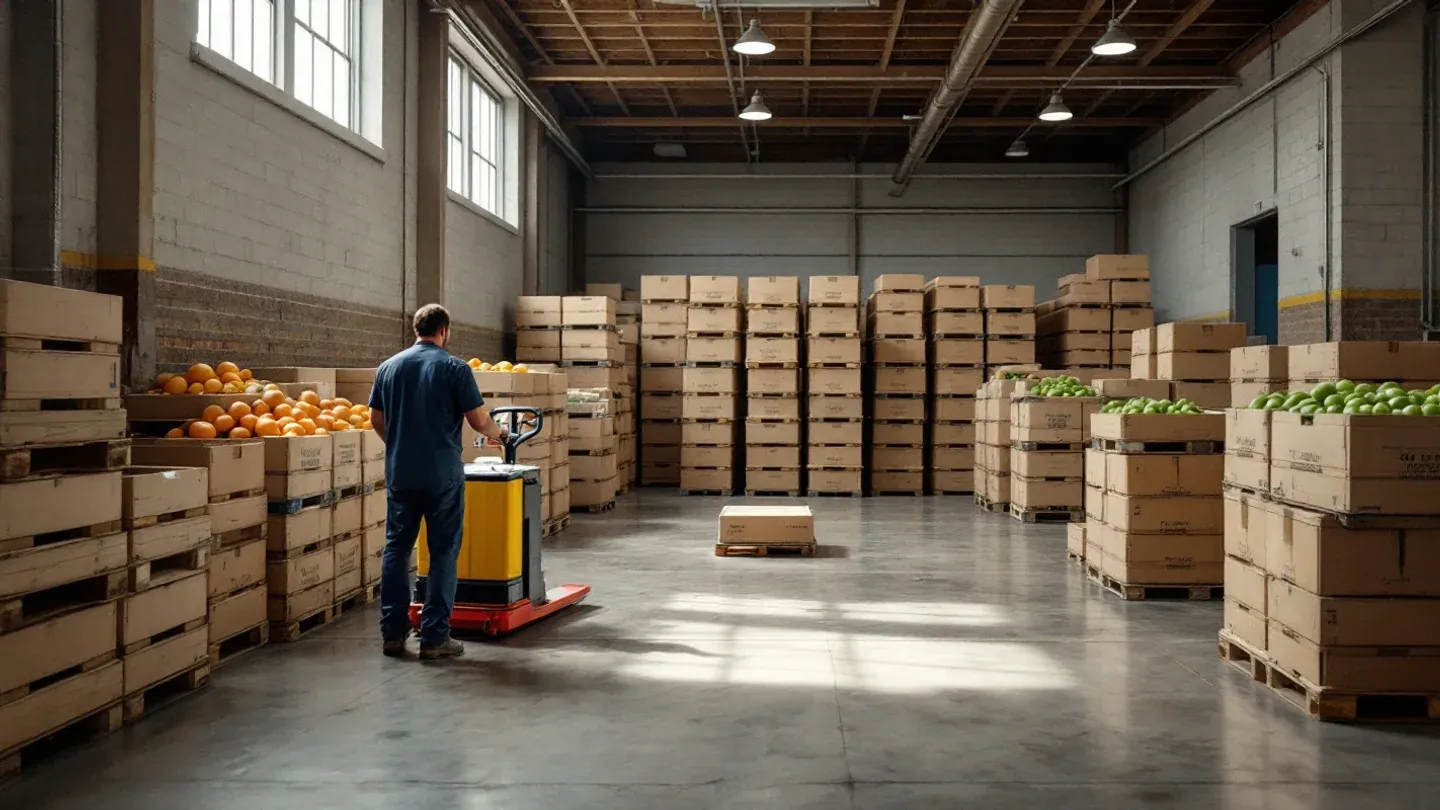 Plain wooden bins of winter squash and stacked unprinted produce crates fill the cool concrete-floored warehouse of a regional food cooperative in Minnesota in autumn.
