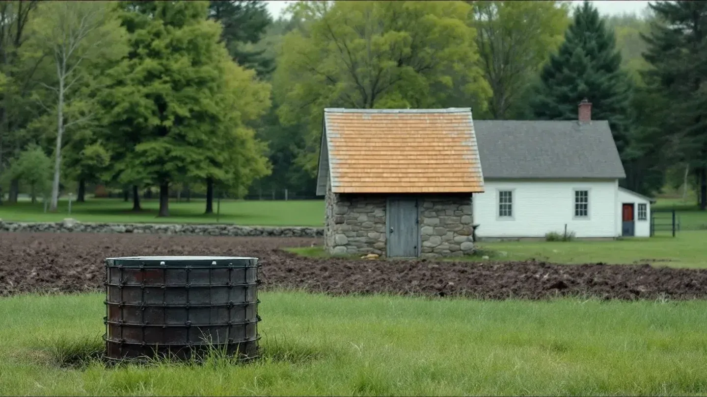 A capped steel well casing stands beside a small shingled pump house at the edge of a vegetable field on a New Hampshire farm in spring.