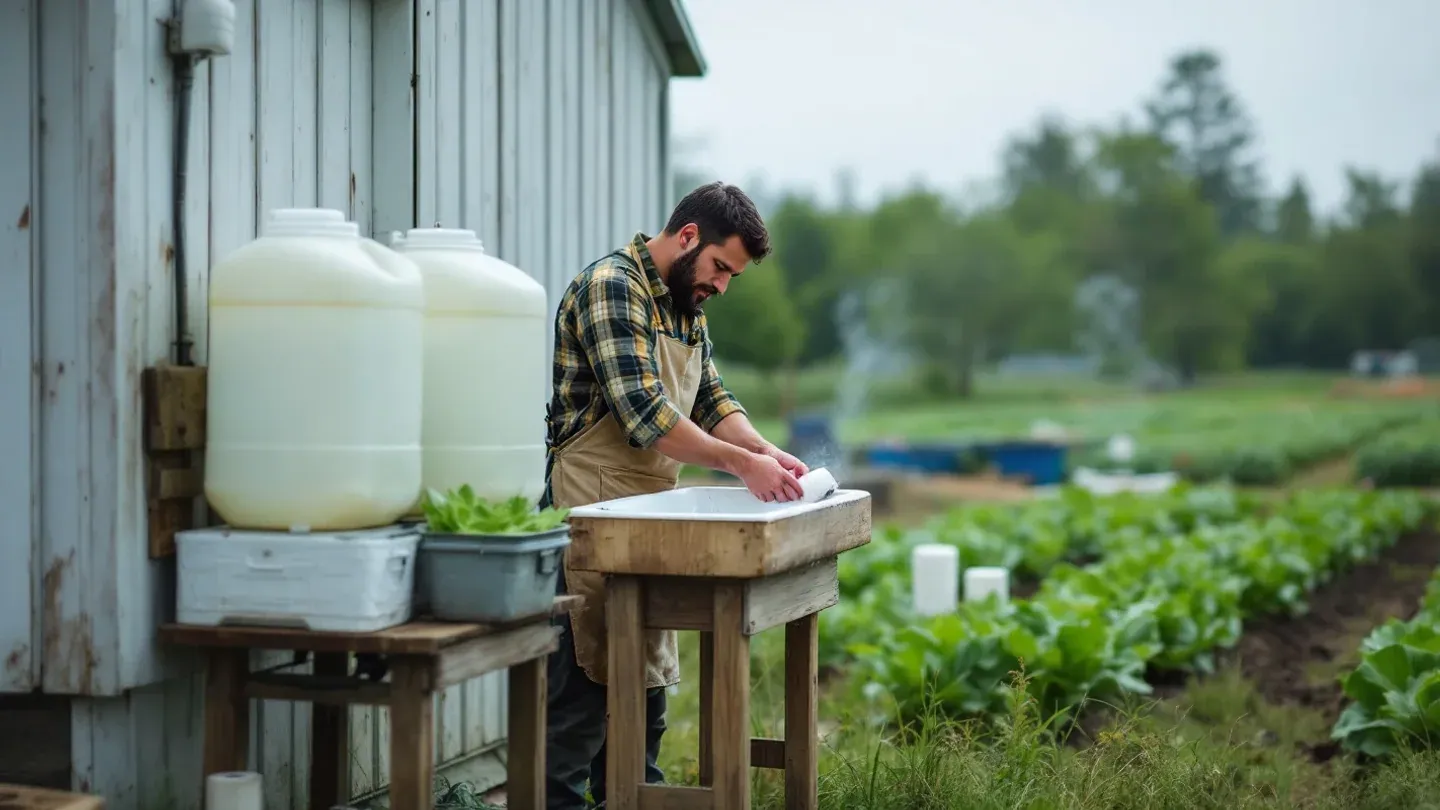 A farm worker seen from the side washes hands at a simple foot-pedal hand-washing station on a wooden stand at the edge of a lettuce field in Vermont in spring.