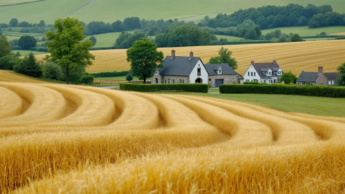 Freshly cut hay lies in long windrows across a rolling field in Lancaster County, Pennsylvania, in June, with a stone bank barn beyond.