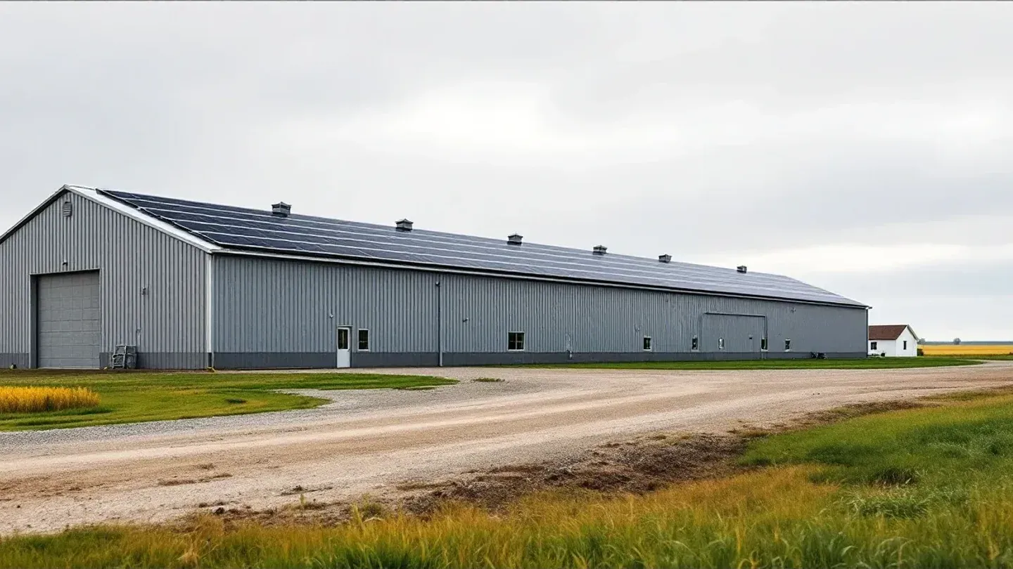 A long metal machine shed with rows of solar panels on its roof stands beside a farmyard on the prairie of western Minnesota in late summer.