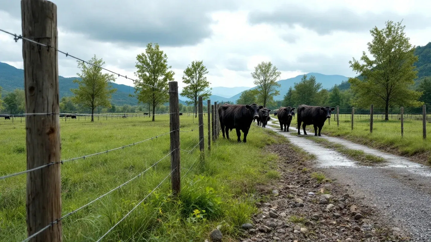 A new wire fence keeps beef cattle back from a wooded creek in a Shenandoah Valley pasture, with a gravel stream crossing between paddocks.