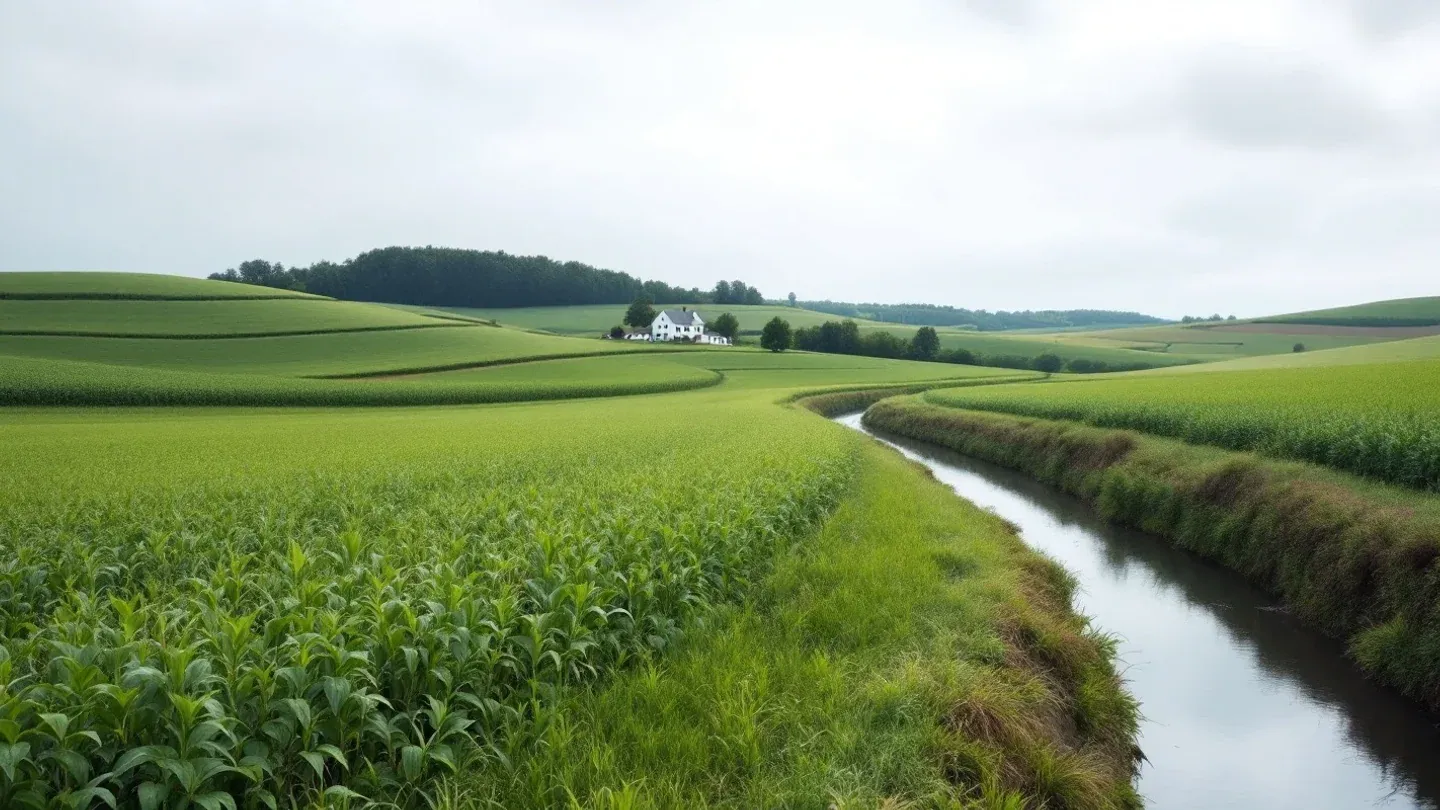 A grassed waterway curves down through a soybean field on rolling farmland in southern Iowa in July.