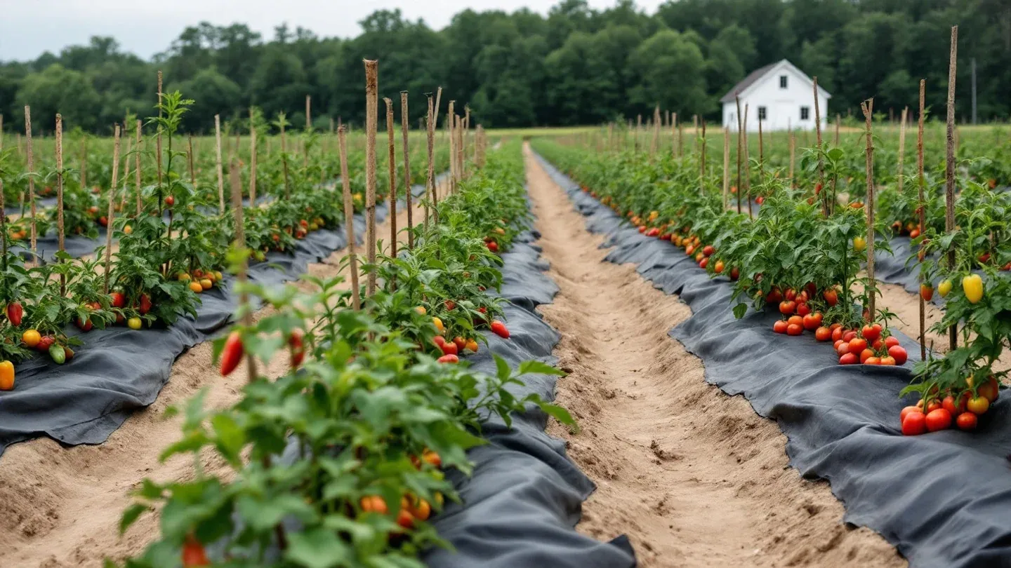 Rows of ripening peppers and staked tomatoes fill a small specialty crop field in southern New Jersey in late August.