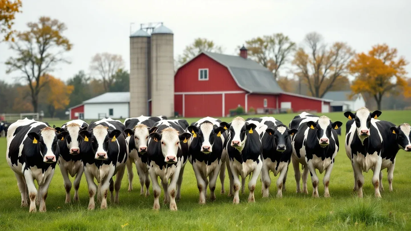 Holstein dairy cows graze a green September pasture beside a red barn and silos on a family dairy farm in central Wisconsin.